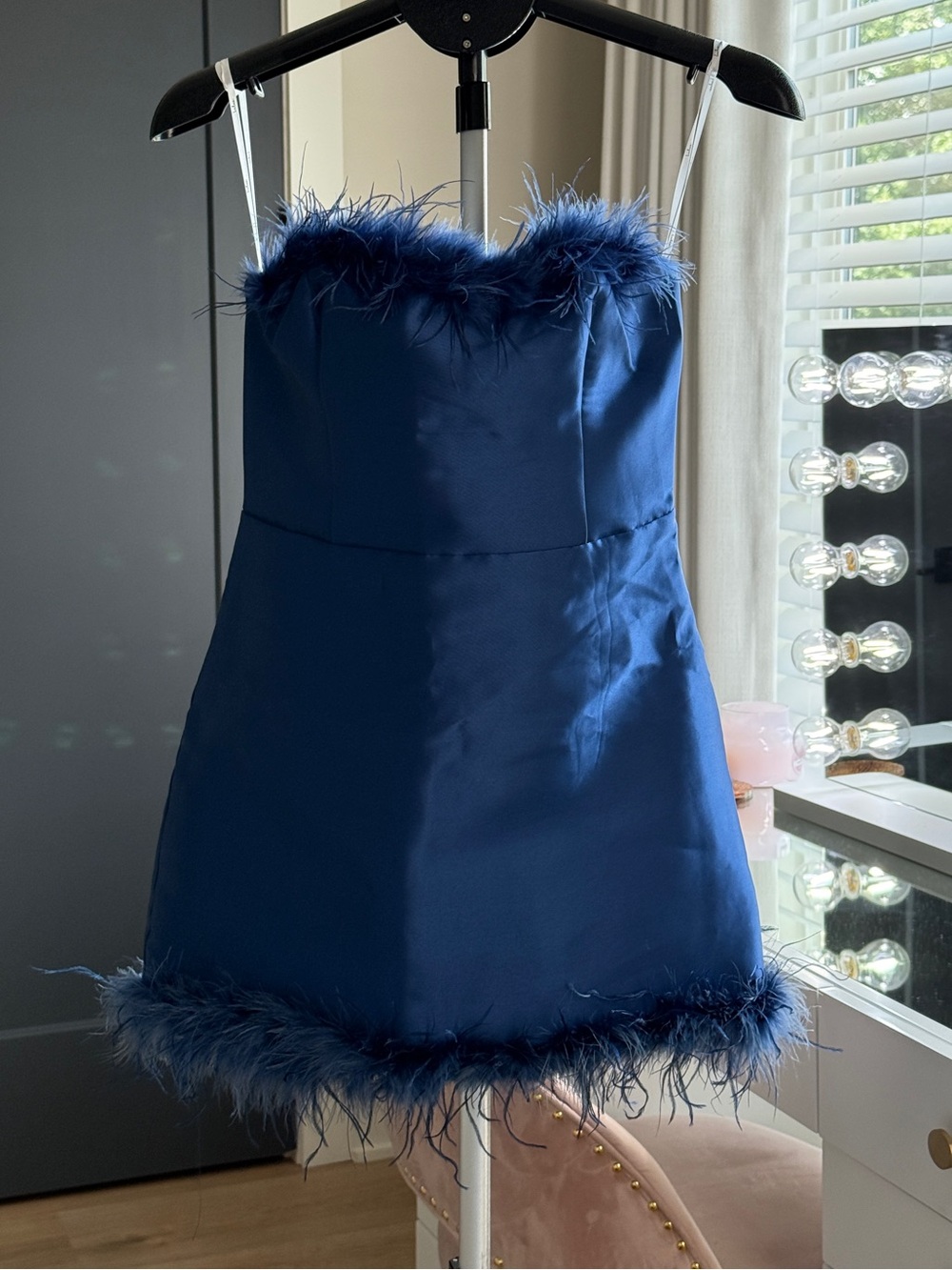 Lulus Navy Blue Feather Trim Strapless Mini Dress Size M